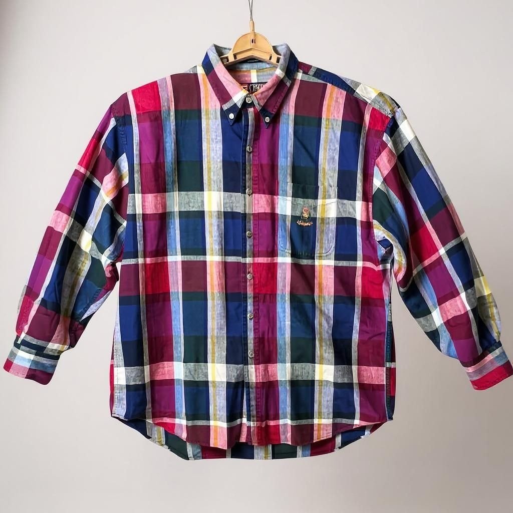 Ralph Lauren Chaps Mens Xl Shirt Multicolor Plaid Long Sleeve Button Down Crest